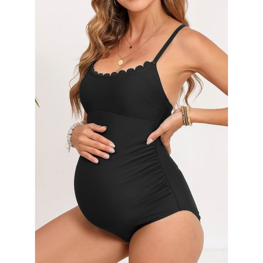 NEW Cupshe Maternity One Piece Swimsuit  Black Ruched Tie Back Scalloped Size XL